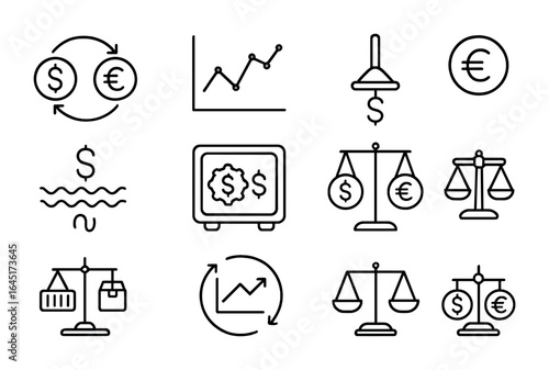 Forex Icons Grid. Outline vector icons of exchange rate policy: currency pair, forex chart, intervention tool,