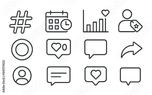 Social Media Icons. Outline vector icons of social media marketing: hashtag icon, post scheduler, engagement