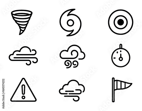 Extreme Weather Icons. Outline vector icons of extreme wind events: tornado funnel, hurricane swirl, cyclone