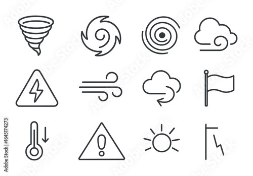 Extreme Weather Icons. Outline vector icons of extreme wind events: tornado funnel, hurricane swirl, cyclone
