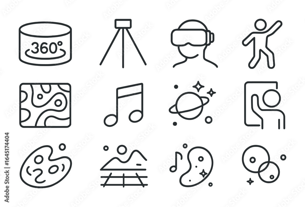 Fototapeta premium Immersive Art Icons. Outline vector icons of immersive art experiences: 360-degree canvas, light beam, headset