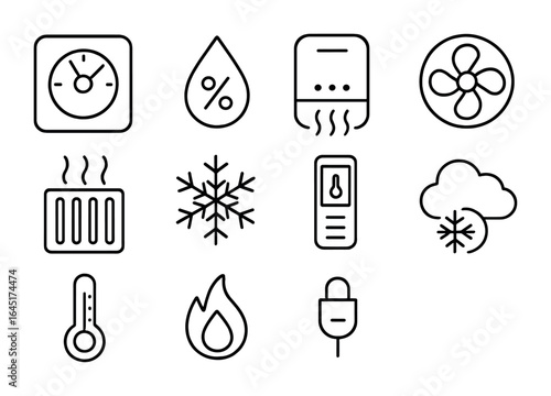 Climate Control Icons. Outline vector icons of climate control technology: smart thermostat, humidity monitor,