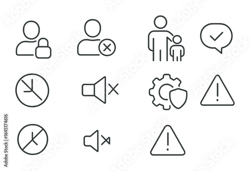 Social Media Safety Icons. Outline vector icons of social media boundaries and safety: private account, block
