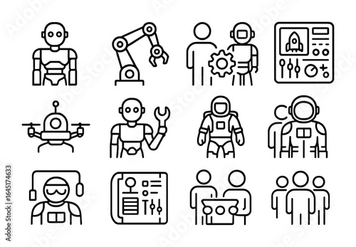 Human-Robot Space Collaboration. Outline vector icons of human-robot collaboration in space: humanoid robot,