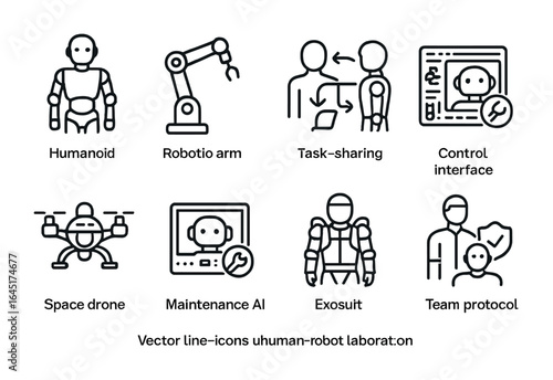 Human-Robot Space Collaboration. Outline vector icons of human-robot collaboration in space: humanoid robot,