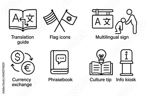 Cultural Icons Grid. Outline vector icons of cultural and language differences at borders: translation guide,