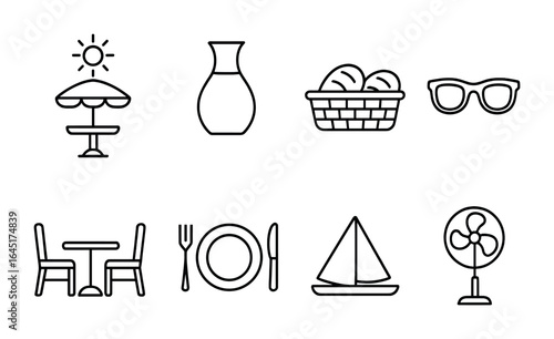 Al Fresco Dining Icons. Outline vector icons of dining al fresco: sunny table, water carafe, bread basket,