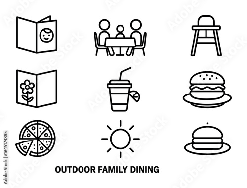 Wallpaper Mural Family Dining Icons. Outline vector icons of outdoor family dining: kids' menu, family table, baby chair, Torontodigital.ca