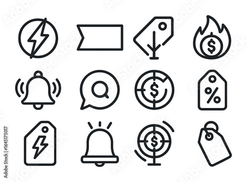 Deal Hunting Icons. Outline vector icons of deal hunting: flash sale icon, limited time banner, price drop,