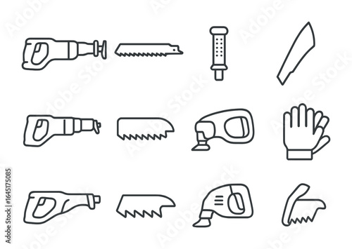 Demolition Tools Icons. Outline vector icons of demolition tools with blades: reciprocating saw, demolition