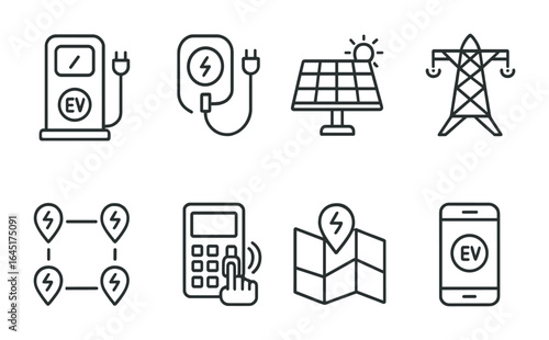 EV Charging Icons. Outline vector icons of EV charging infrastructure: public station, home charger, solar