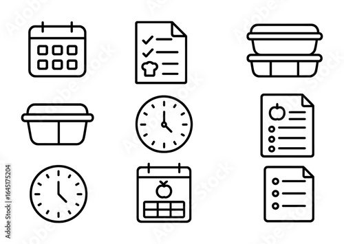 Weekly Meal Icons. Outline vector icons of weekly meal planning: calendar icon, grocery list, recipe card,