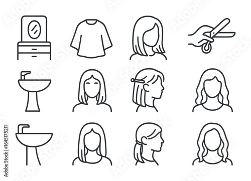 Women's Haircut Icons. Outline vector icons of women's haircut sessions: mirror setup, salon cape, layered cut
