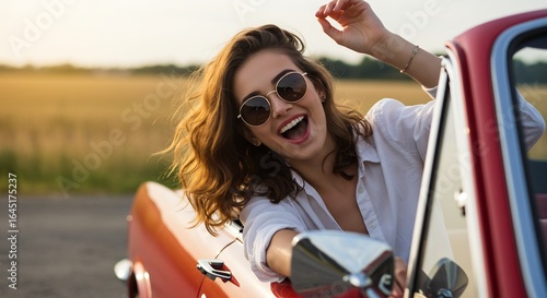 Happy Woman with Sunglasses Leaning Out of a Red Convertible Car, Smiling and Enjoying the Sunset Outdoors, Freedom and Travel Concept