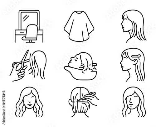 Women's Haircut Icons. Outline vector icons of women's haircut sessions: mirror setup, salon cape, layered cut