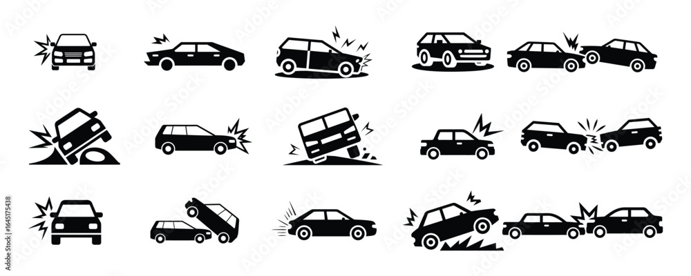 Naklejka premium Car accident icon set. Car crash icons. car accidents, breakdowns, collisions and maintenance , Vector Illustration.