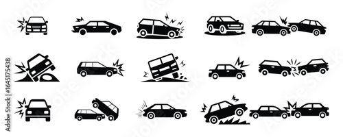 Car accident icon set. Car crash icons. car accidents, breakdowns, collisions and maintenance , Vector Illustration.