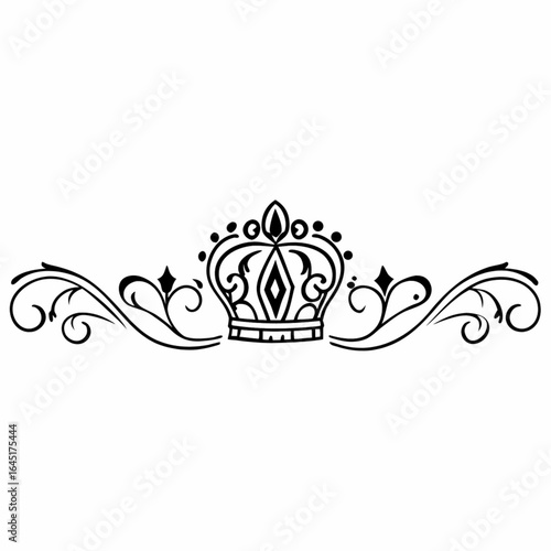 Minimilist elegant crown design with decorative swirls and flourishes in a symmetrical black and white pattern vector