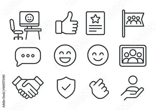 Positive Workplace Icons. Outline vector icons of positive workplace culture: happy workspace, feedback thumbs