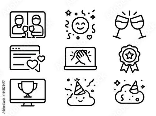 Virtual Celebration Icons. Outline vector icons of virtual team celebration: video call cheer, emoji confetti,