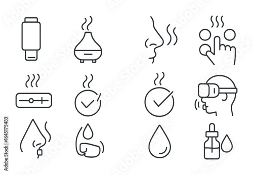 VR Scent Icon Grid. Outline vector icons of scent integration in VR: scent cartridge, aroma diffuser, smell