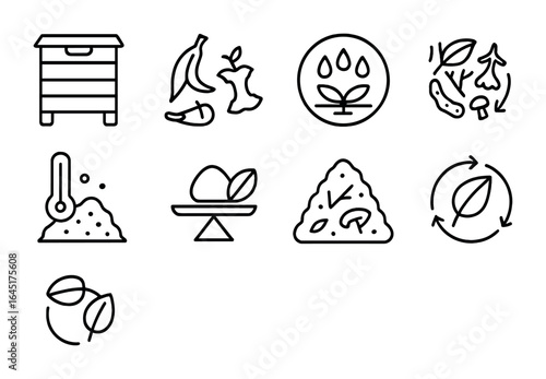 Composting System Icons. Outline vector icons of composting systems: compost bin, food scraps, soil nutrient