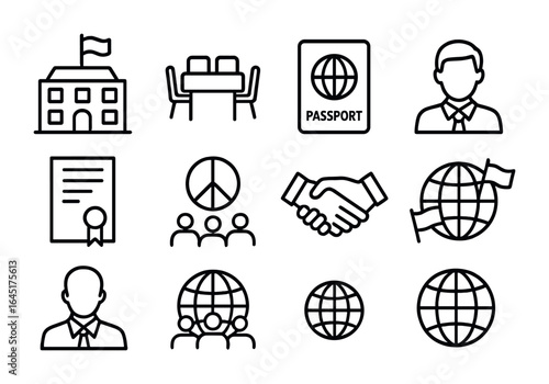 Diplomacy Vector Icons. Outline vector icons of international diplomacy: embassy building, negotiation table,