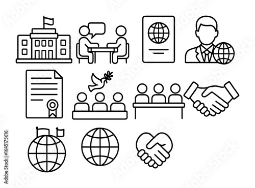Diplomacy Vector Icons. Outline vector icons of international diplomacy: embassy building, negotiation table,
