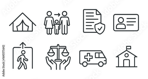 Refugee Support Icons. Outline vector icons of refugee support: shelter icon, family relocation, asylum