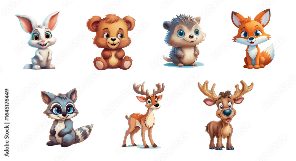 Obraz premium Cute Forest Animals in Cartoon Style on White Background. Adorable cartoon forest animals including a bear, hedgehog, deer, and raccoon, drawn in a playful and friendly style, ideal for children’s 
