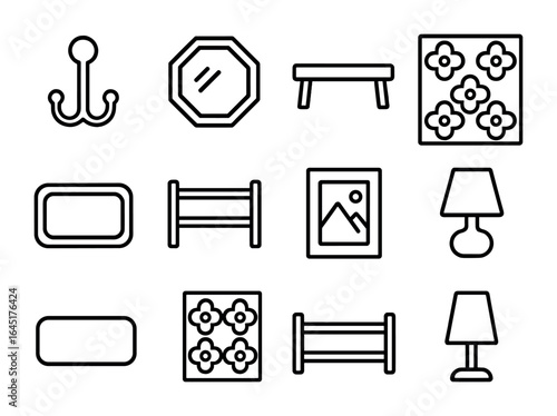 Entryway Decor Icons. Outline icon set of entryway decor elements: coat hook, mirror, bench, bold wallpaper,