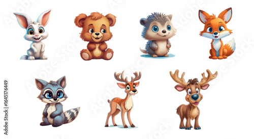 Cute Forest Animals in Cartoon Style on White Background. Adorable cartoon forest animals including a bear, hedgehog, deer, and raccoon, drawn in a playful and friendly style, ideal for children’s 