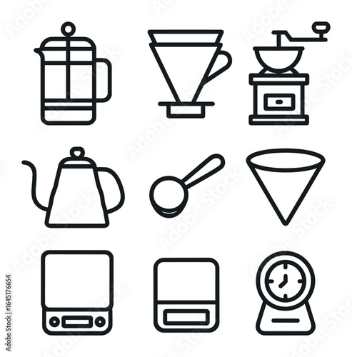 Coffee Brewing Icons. Outline icon set of coffee brewing essentials: French press, pour-over set, coffee
