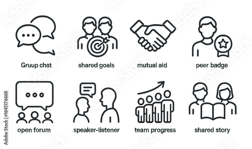 Peer Support Icons. Outline icon set of peer support programs: group chat, shared goals icon, mutual aid