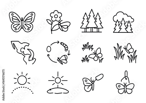 Butterfly Migration Icons. Outline icon set of butterfly migration: butterfly wings, nectar flower, forest