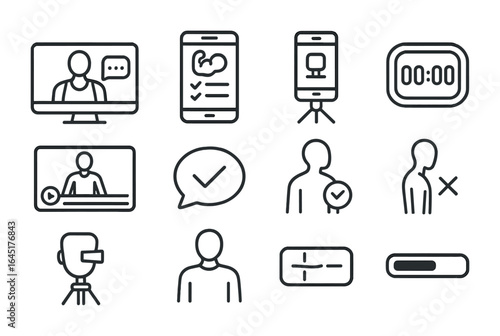 Online Training Icons. Outline icon set of online personal training: video call, workout plan app, phone