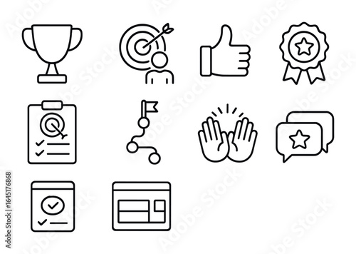 Motivation Icon Set. Outline icon set of motivation and accountability: trophy icon, personal goal icon,