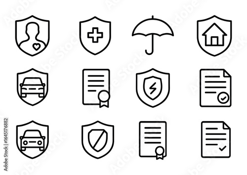 Insurance Icon Set. Outline icon set of insurance planning: life insurance, health policy, umbrella icon,