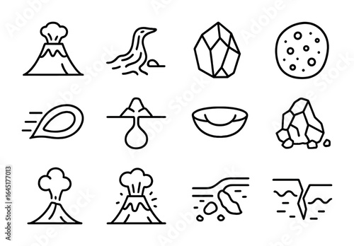 Volcanic Icon Collection. Outline vector icons of volcano and lava rocks: lava flow, basalt rock, obsidian,