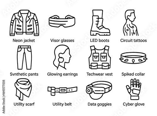 Cyberpunk Fashion Icons. Outline vector icons of cyberpunk fashion: neon jacket, visor glasses, LED boots,