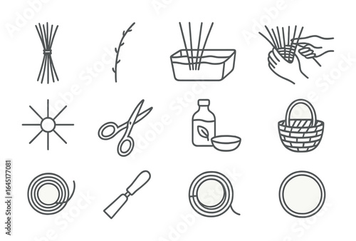 Sustainable Basket Weaving Icons. Outline vector icons of sustainable basket weaving: reed bundle, willow rod,