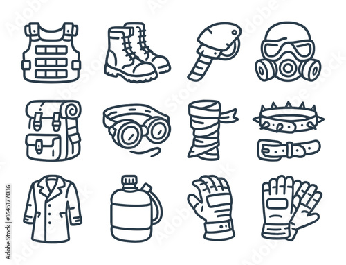 Post-Apocalyptic Gear Icons. Outline vector icons of post-apocalyptic wear: armored vest, worn boots, metal