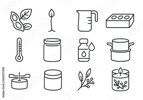 Sustainable Candle Icons. Outline vector icons of sustainable candle making: soy wax, cotton wick, pouring jug