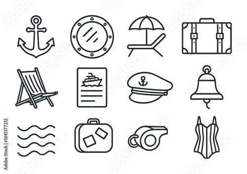Vintage Cruise Icons. Outline vector icons of cruise travel in the past: ship anchor, porthole, sun deck,