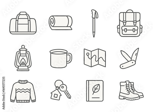 Cabin Getaway Essentials. Outline vector icons of cabin getaway packing: weekend bag, travel blanket, hiking