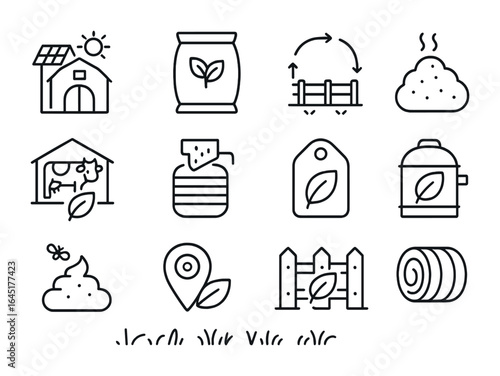 Sustainable Dairy Icons. Outline vector icons of sustainable dairy farming: solar barn, organic feed bag,