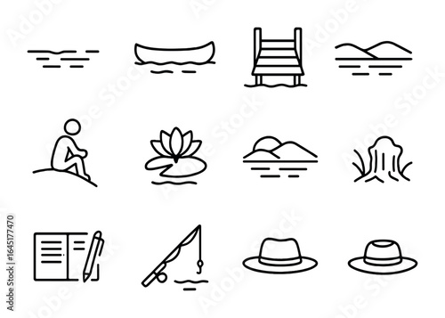 Lakeside Icon Set. Outline icon set of lakeside reflection: still water, canoe, dock, sitting person, water