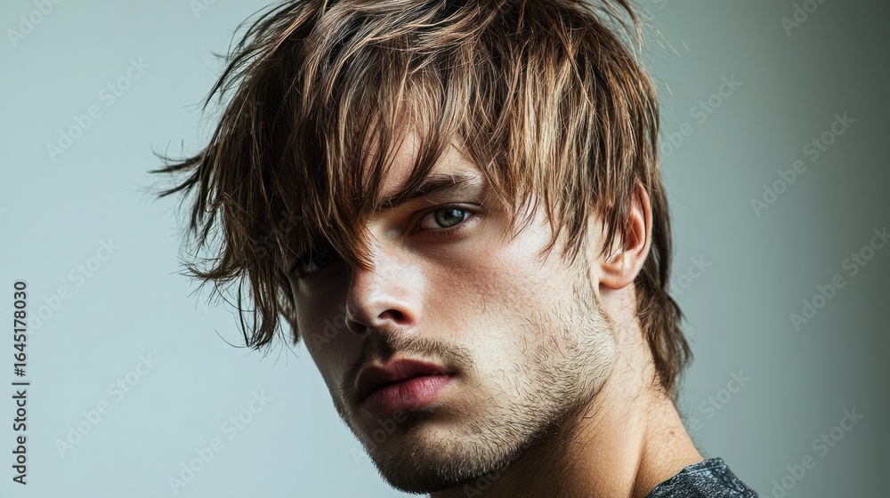 Obraz premium A close-up portrait of a man with tousled hair and a serious expression, set against a plain background. The lighting is soft and even, highlighting the texture of his hair and skin.