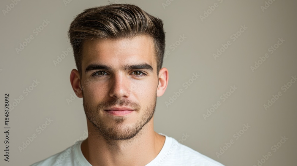 Naklejka premium A close-up portrait of a man with a neat hairstyle and a light beard, wearing a plain white t-shirt against a neutral background.