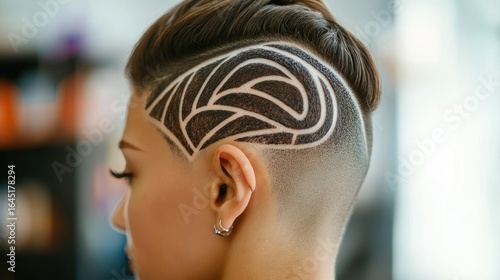 A person with a unique geometric pattern shaved into their hair, showcasing a modern and artistic haircut design.